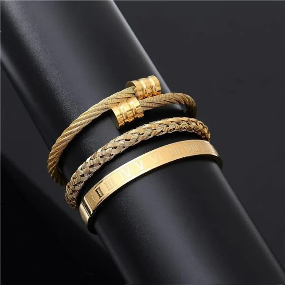 3PCS Stainless Steel Bracelets for Men Gold Roman Numeral Bangle Bracelet - Picture 5 of 7